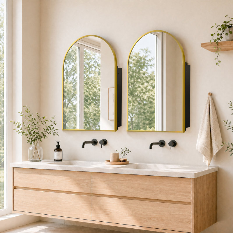 Modern Arched Recessed or Surface Mount Medicine Cabinet with Mirror, Gold, 36" H x 24" W