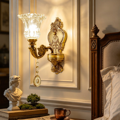 Antique Brass Wall Sconce With Hand Blown Glass Shade & Crystal Pendant