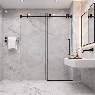 Porte de douche coulissante simple sans cadre, noir mat, 122 cm (48 pouces), avec verre trempé transparent et poignée en acier inoxydable.
