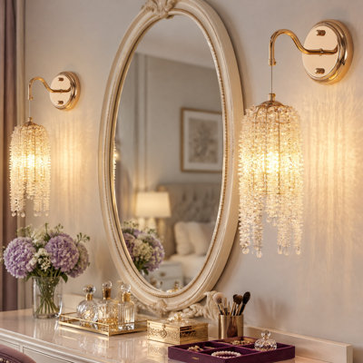 Frame and Cascading Crystal Bead String Wall Sconces Set of 2 Light Fixtures (No Bulbs)