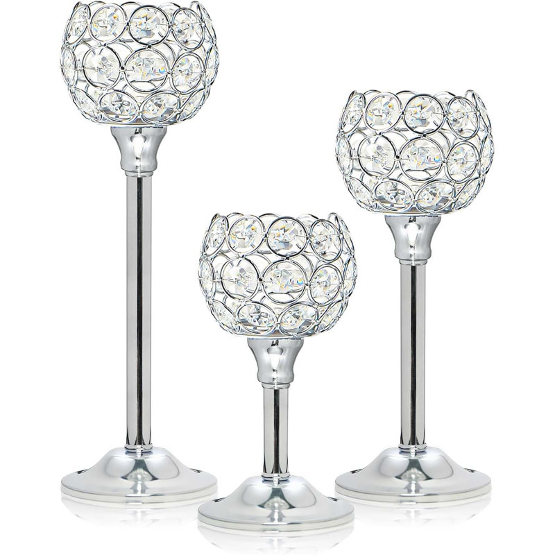 Set of 3 Silver Crystal Ball Candle Holders – 3 Heights, K9 Crystal, Hollow Design for Table Centerpiece, Wedding, Dining & Home Decor