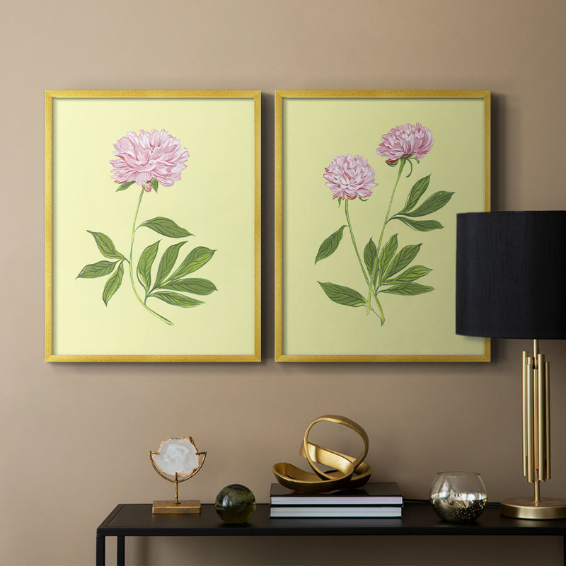 Pivoines en jaune I - reproduction encadrée de qualité supérieure - prête à être accrochée - aucun clou requis - aucun clou requis