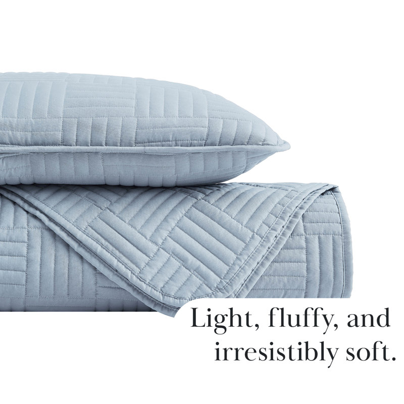 Grid Quilted Oversized lightweight Prewash Microfiber Quilt Set, Blue, King Quilt + 2 King Shams