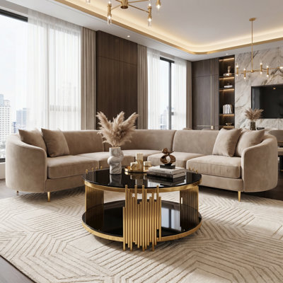 Modern Luxury 31.5" Round Coffee Table, 2-Tire Gold Stainless Steel Frame and Tempered Glass Top