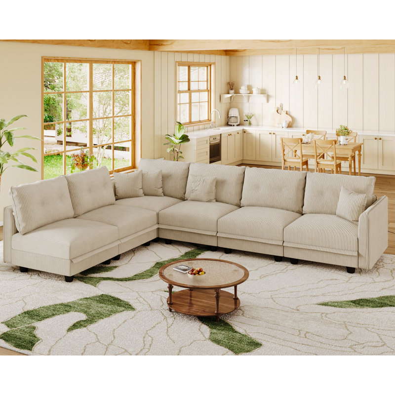 6 Seat Corduroy Convertible Modular Sectional Sofa With Storage, 4 Back Cushion 6 Throw Pillow, Beige Corduroy