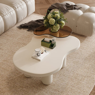 Ensemble de 2 tables basses gigognes 2 en 1 avec plateau en verre blanc crème