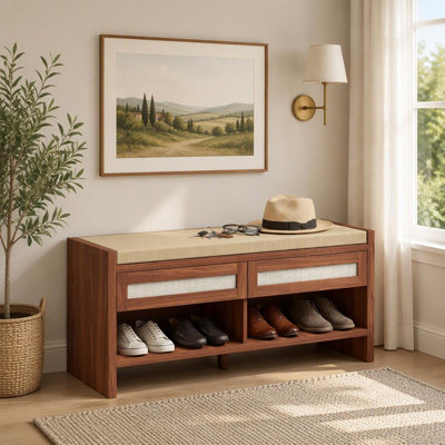 Banc de rangement à chaussures de style bohème avec siège rembourré aspect lin et tablette ouverte