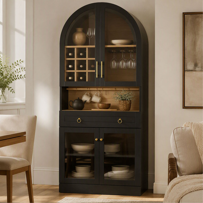 Meuble-bar arqué de 178 cm de haut avec tablette réglable et 5 crochets, 9 casiers à bouteilles et 3 porte-verres, portes en verre trempé et grand tiroir