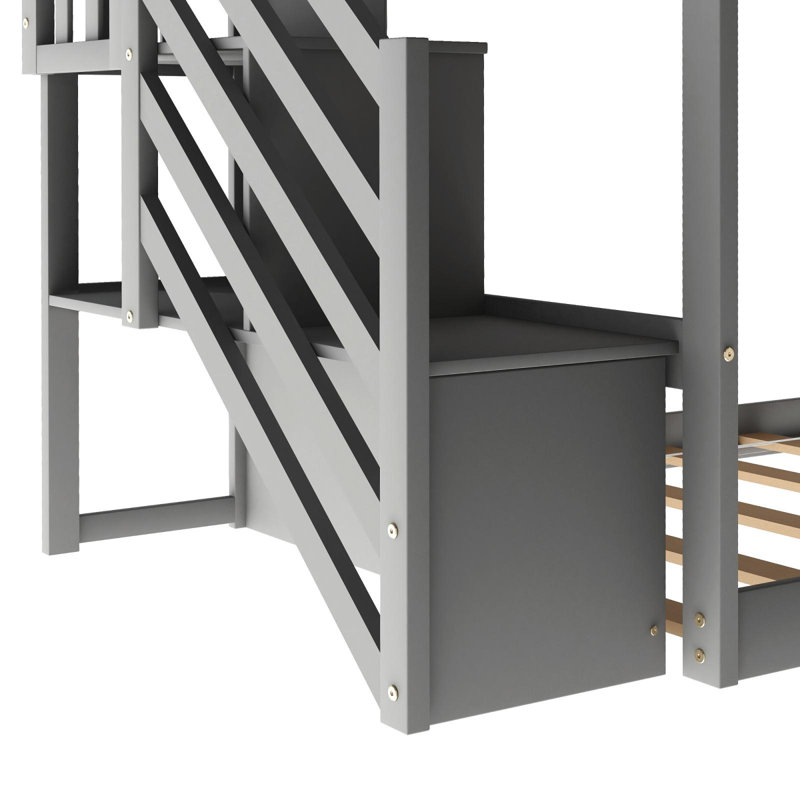 Lit superposé simple au-dessus de simple avec glissière convertible et escalier, gris