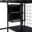 Lit mezzanine noir en métal pleine grandeur avec espace de fabrication intégré, garde-robe et escalier de rangement pour établi