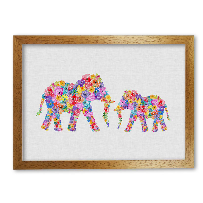 Floral Elephants - Print, 60 cm H x 85 cm W x 5 cm D, Honey Oak Frame