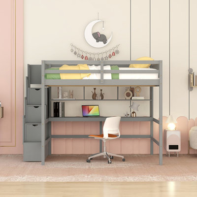 Full Size Loft Bed With Desk, Storage Shelves, And Staircase, Maximizing Space And Enhancing Functionality In Grey