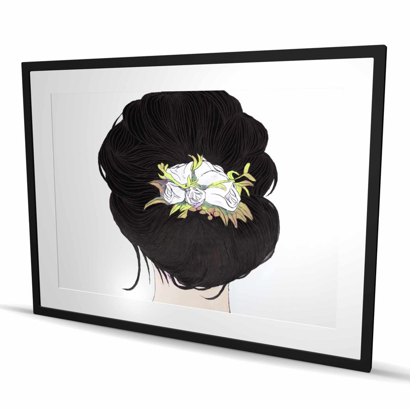 Dame avec des fleurs aux cheveux bruns | Beige, impression encadrée, H 48 po x l 36 po