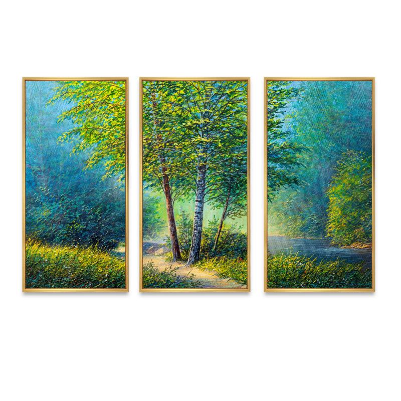 Three Vibrant Trees By The River - 3 pièces, reproduction sur toile, Cadre doré, L 36 po x H 20 po