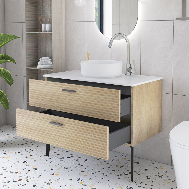 Meuble-lavabo simple 36 po en chêne avec vasque en céramique blanche