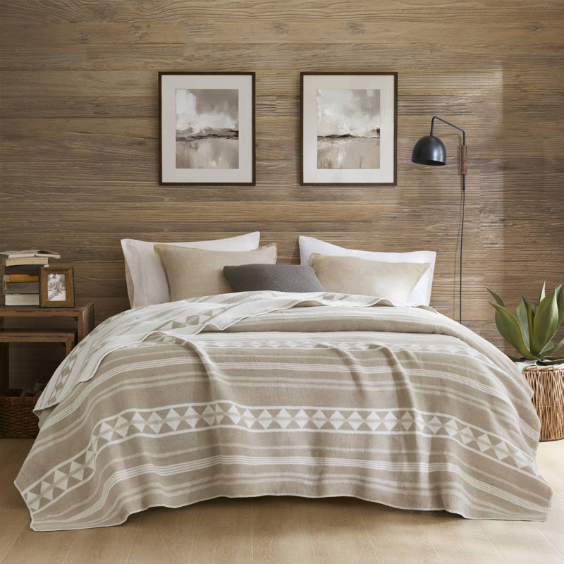 Alberta Cotton Blend Jacquard Soft Blanket, King, Ivory Striped