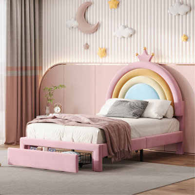 Upholstered Rainbow Design Bed, Velvet Princess Platform Bed With Storage Drawer, No Box-Spring Needed,Colorful&Pink