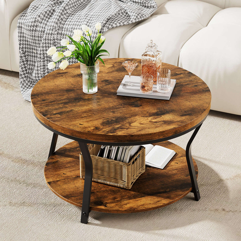 Round Coffee Table, 2 Tier Industrial Coffee Table for Living Room, Wood Thickened Tabletop and Metal Frame, 31.5inch