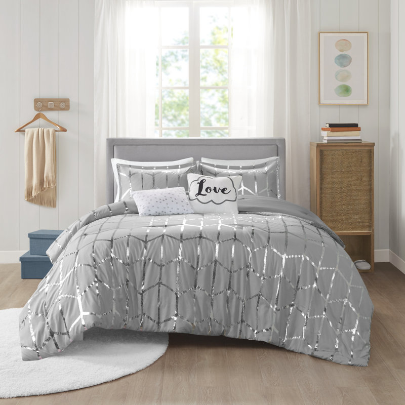 Ensemble d'édredon à imprimé métallique Raina, Édredon double / grand + 2 taies décoratives + 2, Gris / argenté