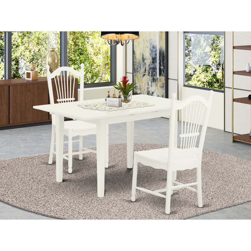 3 Piece Dining Set Contains a Rectangle Dining Room Table with Butterfly Leaf and 2 Kitchen Chairs, Linen White