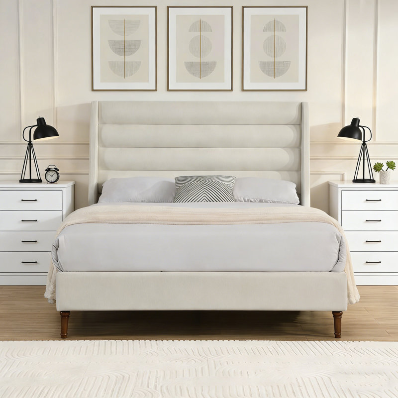 Grand lit plateforme avec tête de lit tapissier et tête de lit grand format, tissu chenille de qualité supérieure, lit plateforme minimaliste moderne sans sommier, assemblage facile, ivoire