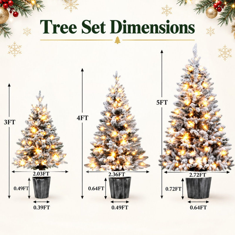 Ensemble de 3 arbres de Noël en flocons pré-éclairés, arbres en pot de 3 à 5 pieds avec DEL blanc chaud