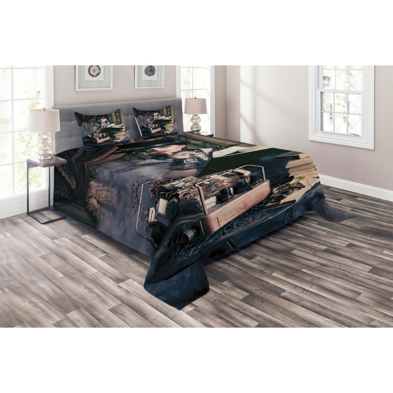 King Size Brown Steampunk Woman Quilted Bedspread Set