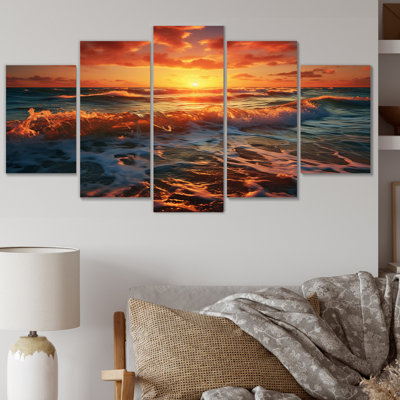  «Peach Sunrise Ocean Horizons II - Reproduction d'art nautique et plage - 5 panneaux