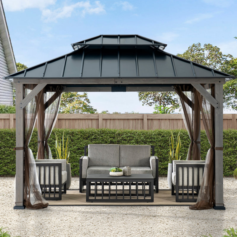 SUNJOY 10x12 Cedar Wood Gazebo with Galvanized Steel Roof, LED String Lights & Mosquito Netting , Gray, Matte Black