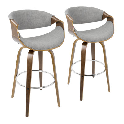 Mid-Century Modern Barstool In Walnut Wood And Blue Fabric By  - Set Of 2