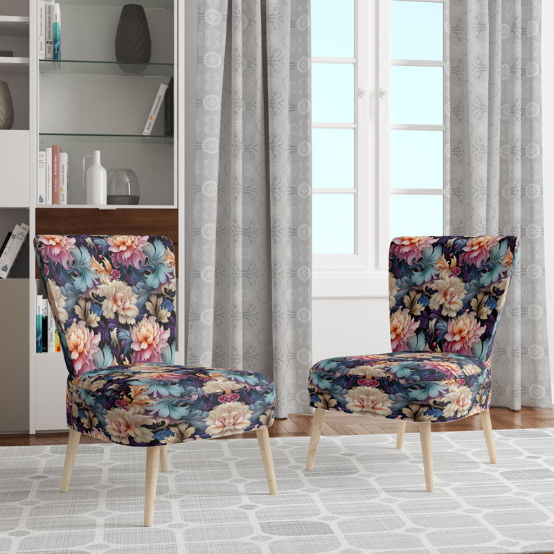 Chaise d'appoint éclectique en velours à motif cachemire bleu et rose