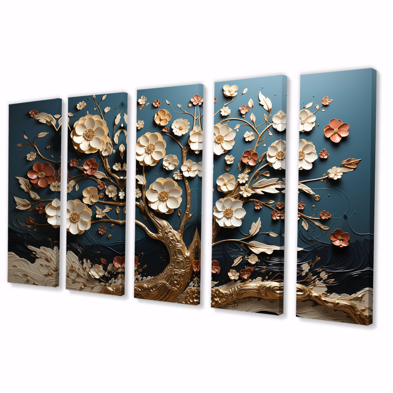 "Fleurs d'orchidées blanches et bleues II, 5 pièces", 5 pièces, H 32 po x l 80 po