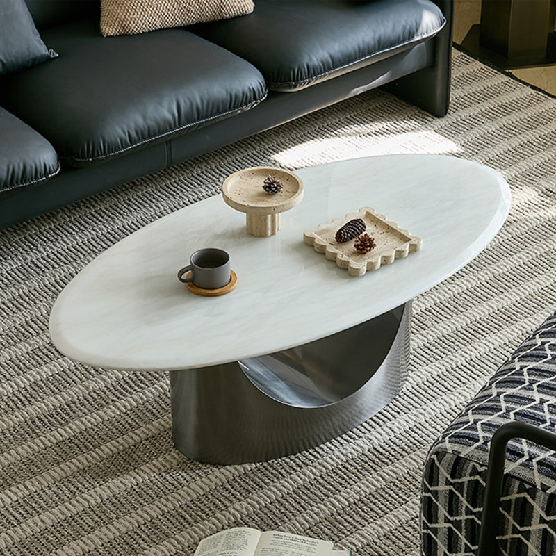 Table basse moderne minimaliste ovale en marbre, H 16,5 po x L 47,2 po x l 23,6 po