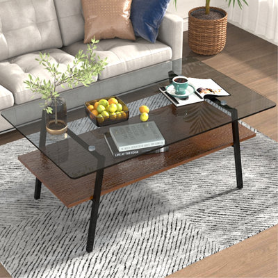 Table basse rectangulaire, plateau en verre trempé avec pieds en métal noir, table de salon moderne, verre gris