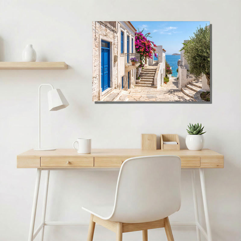 Toile blanche, marches de pierre blanche et fleurs roses menant à la mer bleue, 36"H x 48"W