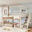 Lit superposé double au-dessus d'une chambre double avec escalier de rangement, fenêtre, bibliothèque latérale et espace inférieur convertible pour dormir ou jouer, structure en bois massif, beige et naturel profond-133491150