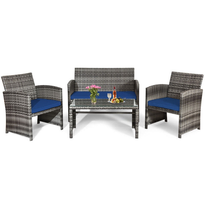 Akshath 4pcs Patio Rattan Furniture Conversation Set With Glass Table Top And Cushions, Navy