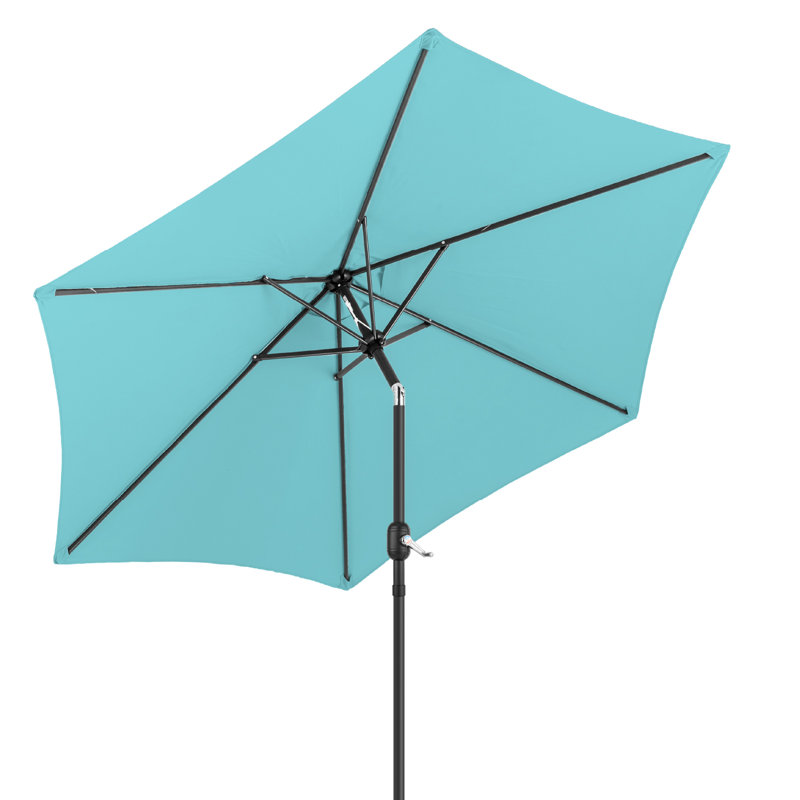 9 pi. Parasol de marché en polyester avec inclinaison et manivelle turquoise, Bleu