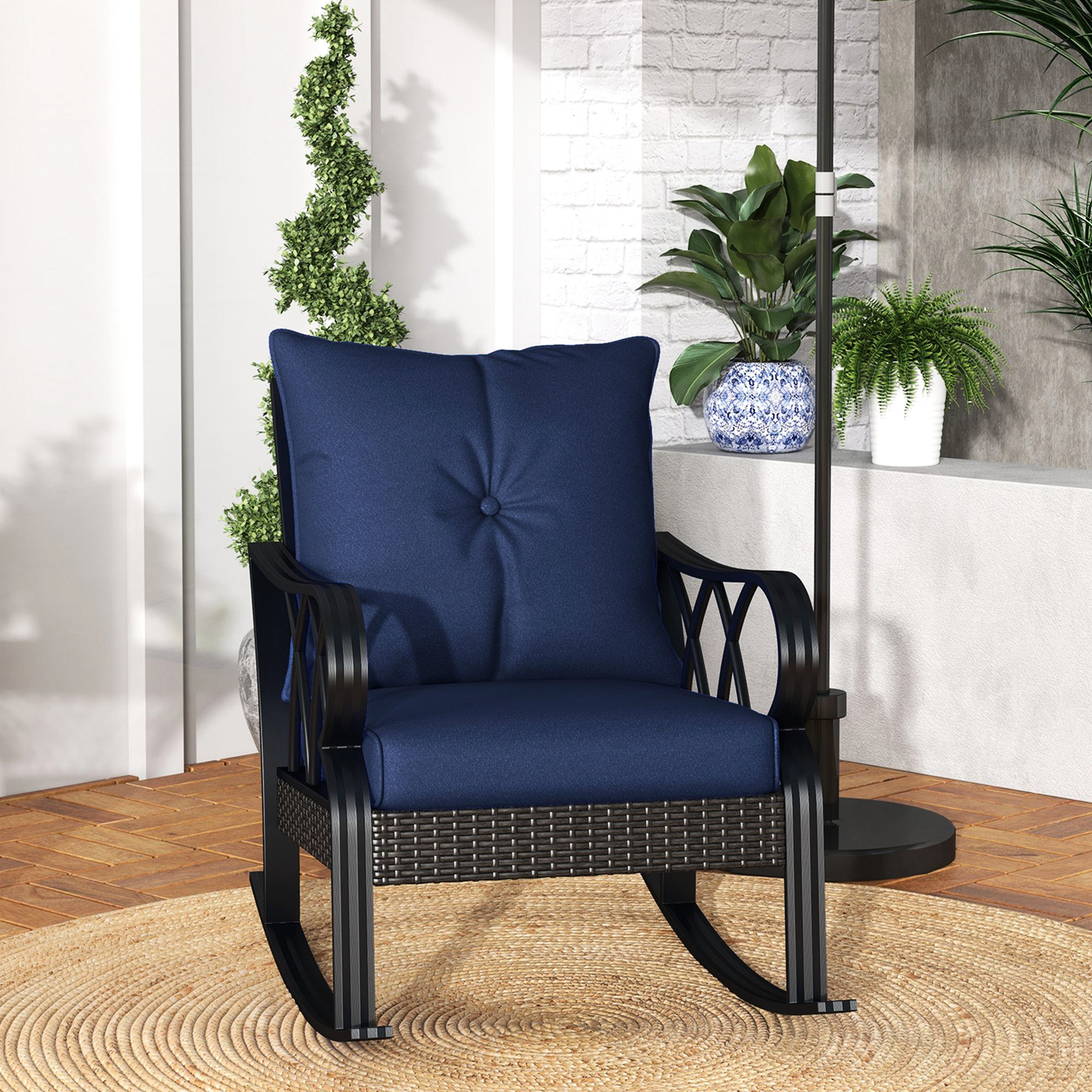 Red Barrel Studio® Aluminum Rocking Chair With Navy Blue Padded Seating ...