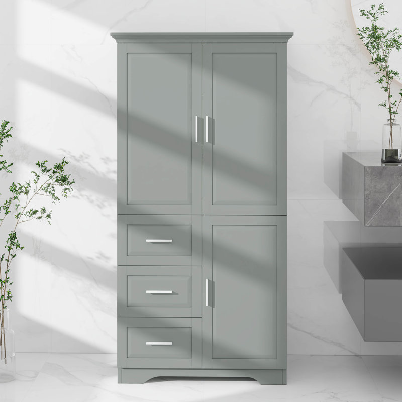 Grande armoire de rangement pour salle de bain avec 3 portes et 3 tiroirs, Gris