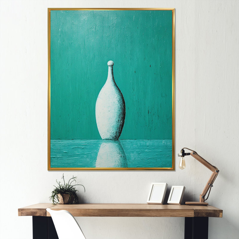 Tenpin turquoise sur toile, Cadre flottant doré, 32" H x 16" W