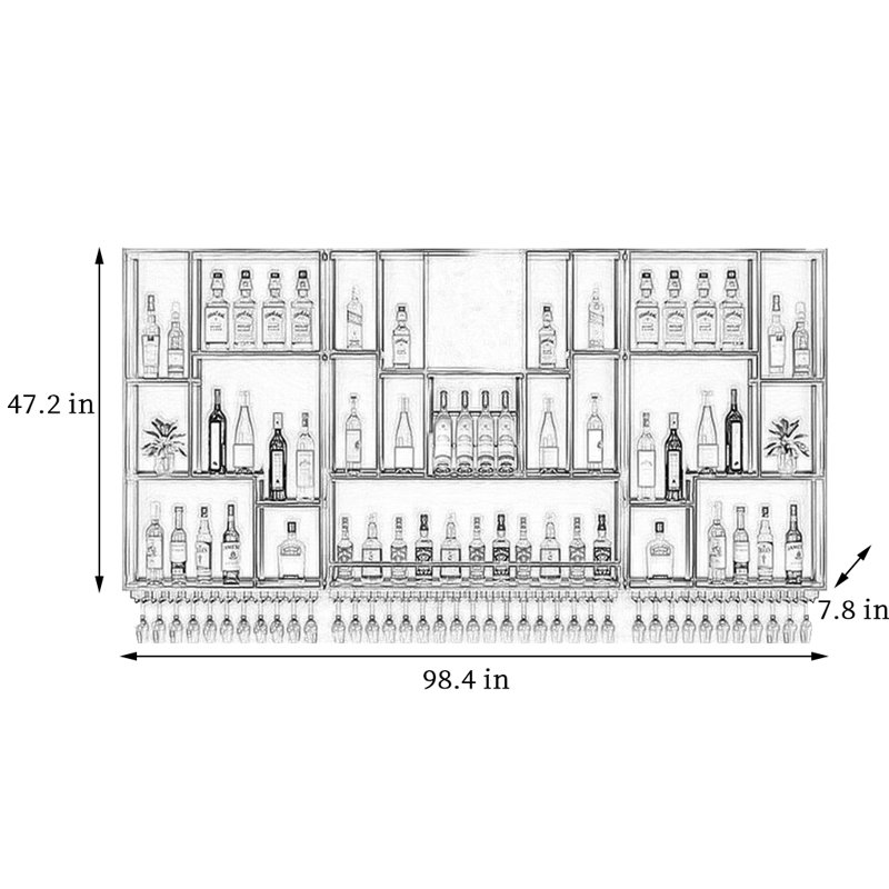 Support à vin mural en métal, H 47,2 po x l 98,4 po x P 7,8 po, Noir, noir, noir, noir