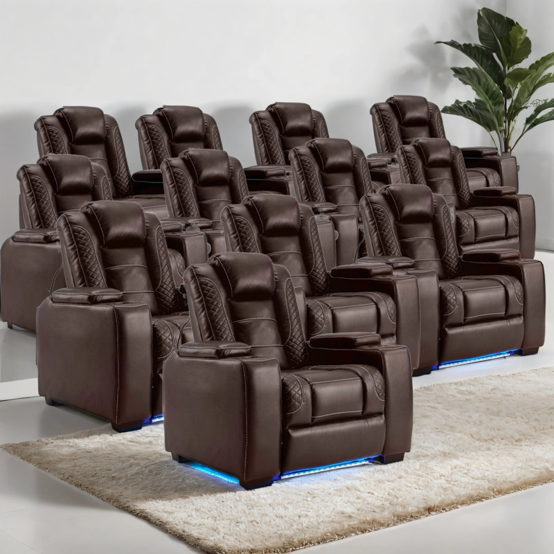 39'' Adjustable Headrest Power Recliner Man Cave Home Theater Chair With Cup Holders USB LED (Set of 12), Brown