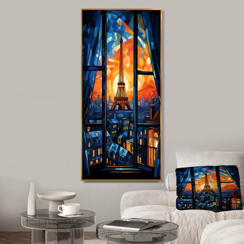 Cubic Paris Window View Elegant Sunset I - City Paris, art mural, Cadre flottant doré, H 60 po x l 28 po x P 1,5 po