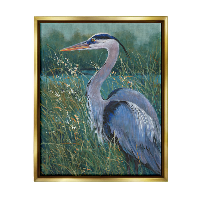 Heron at Lake, reproduction d'art sur bois, H 21 po x l 17 po x P 1,7 po, Cadre flottant métallique doré