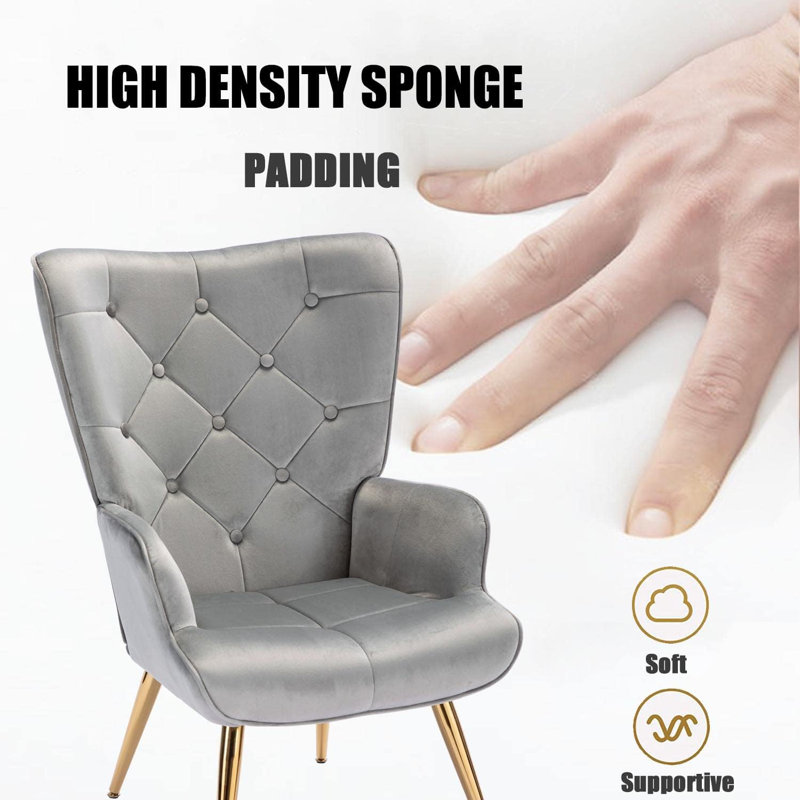 Gray Velvet High-Back Armchair with Golden Metal Legs