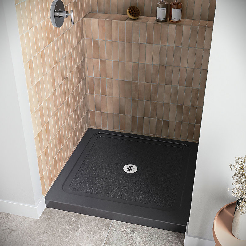 36 in. x 36 in. Alcove Acrylic Shower Base in Glossy Black With Center Drain, Drain Included, Glossy Black