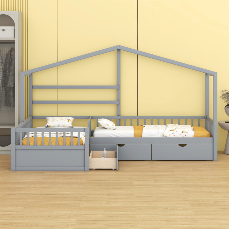 Lit plateforme House avec trois tiroirs de rangement, Gris