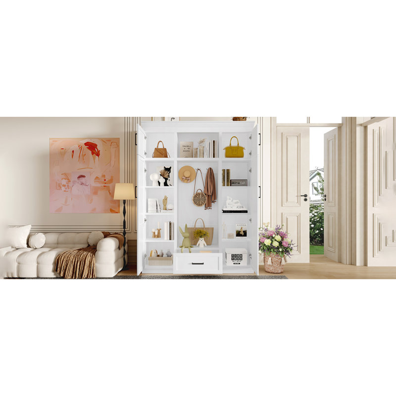 U-Can 85.2''H Hall Tree With Bench And 3 Hooks, Modern Entryway Storage Organizer Cabinet With 4 Doors, 1 Drawer And Adjustable Shelves For Hallway, Entryway, Living Room