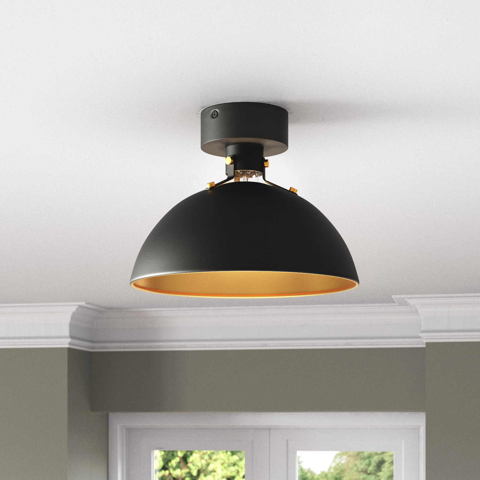 Argente Single Light Flushmount, Antique Brass/Black